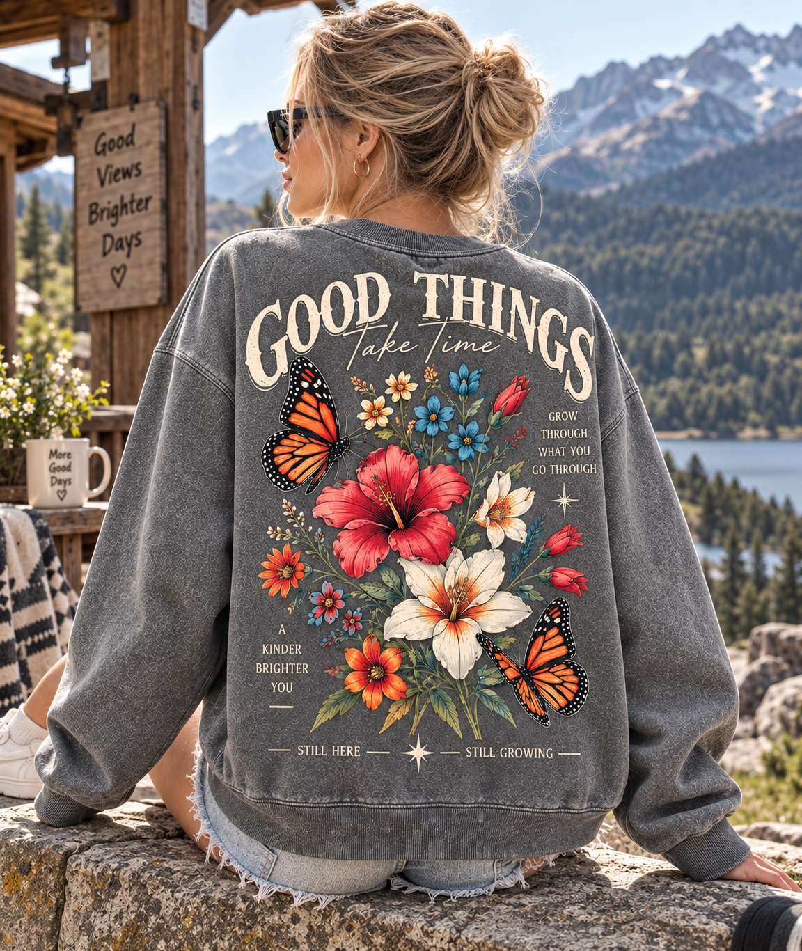 Good Things Take Time – Vintage Floral Sweatshirt