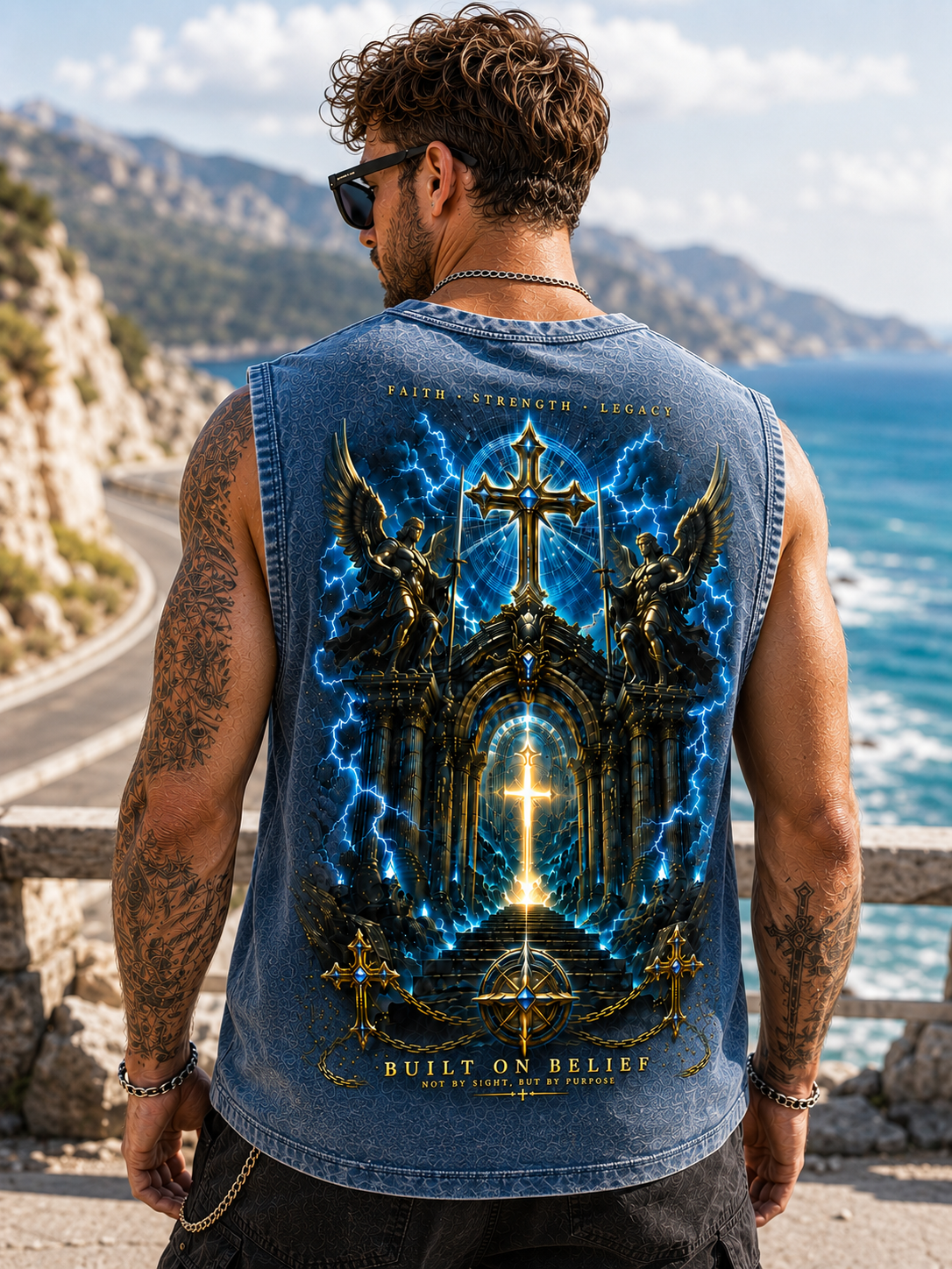 Faith Strength Legacy – Washed Blue Tank Top