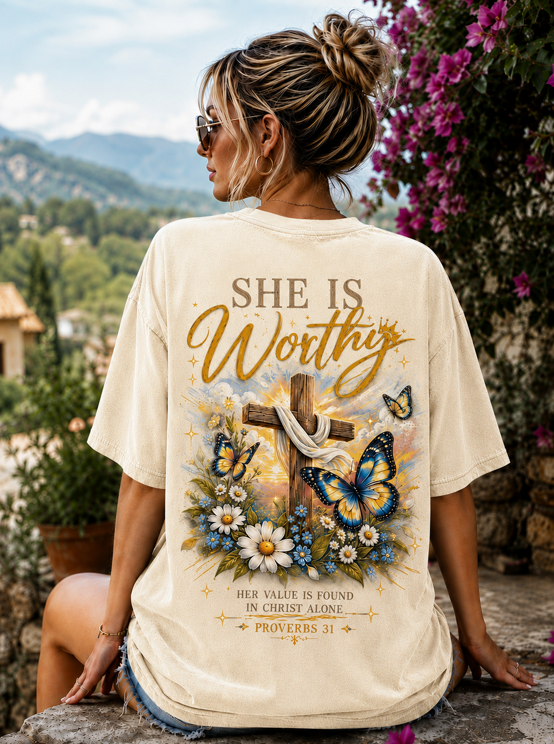 She Is Worthy Christian T-Shirt – Vintage Cross & Butterfly Graphic Tee
