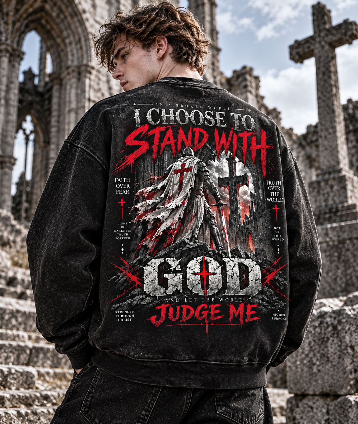 GOD Stand With Faith – Vintage Gothic Wash Sweatshirt