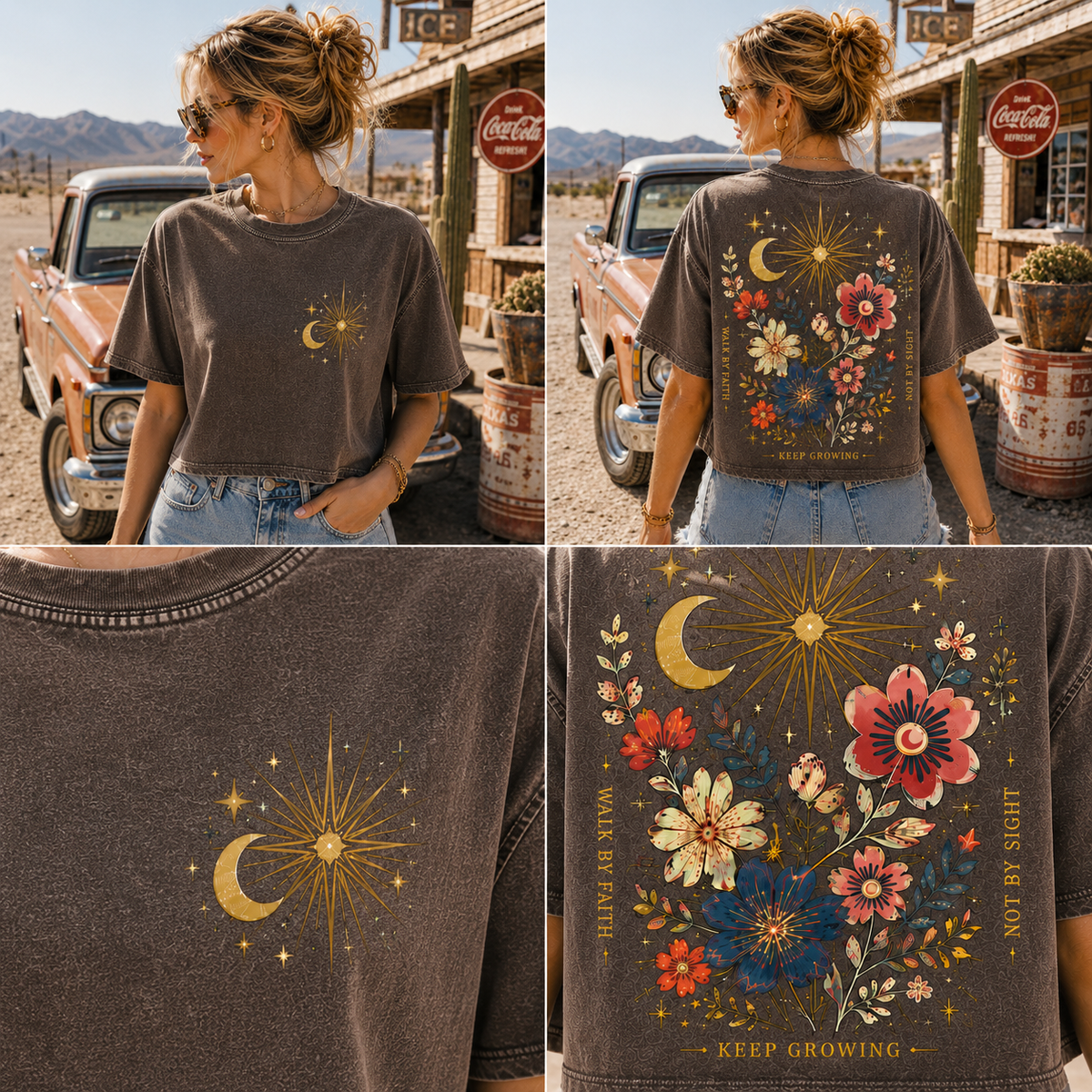 Celestial Bloom Crop Top – Vintage Floral Graphic Tee