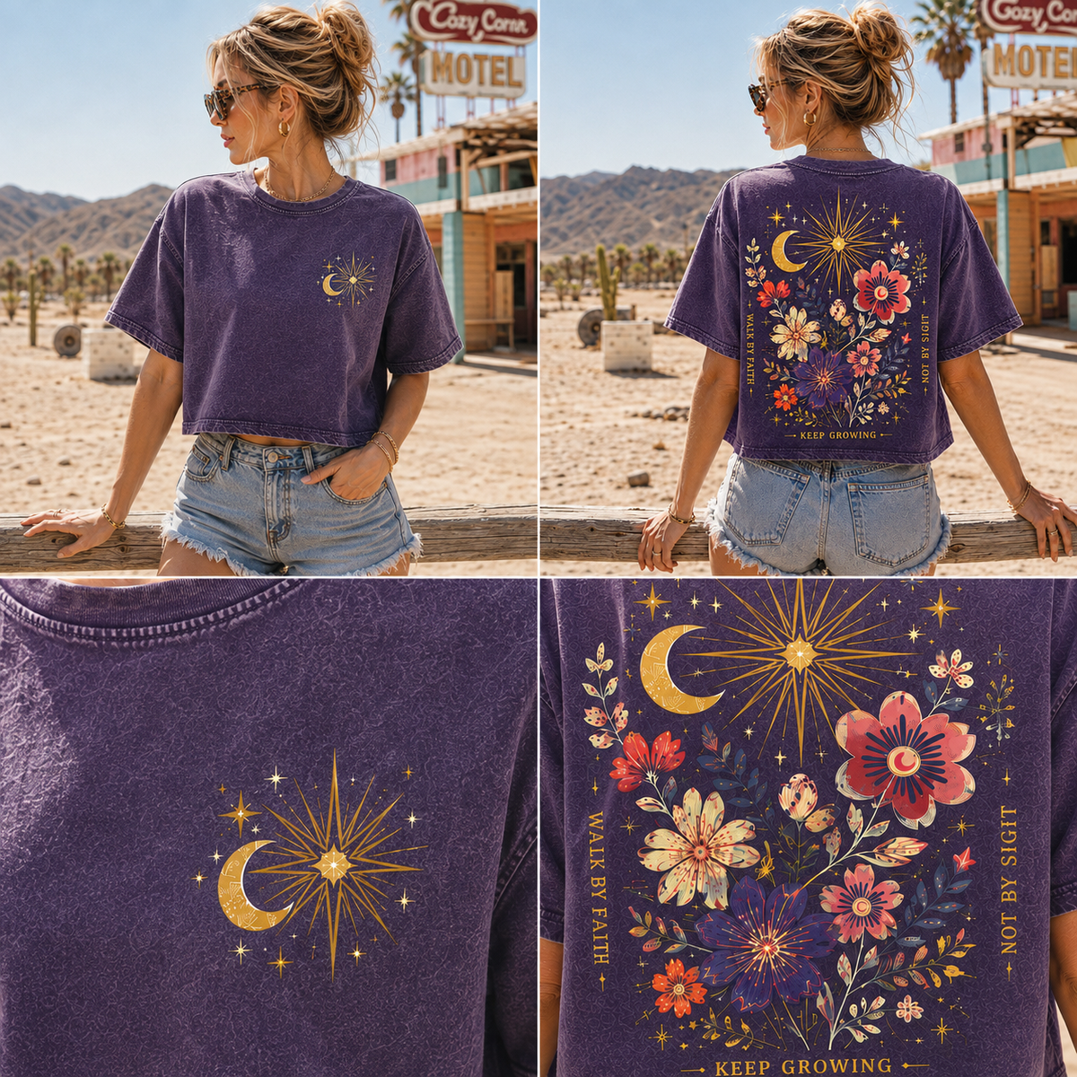 Celestial Bloom Crop Top – Vintage Floral Graphic Tee