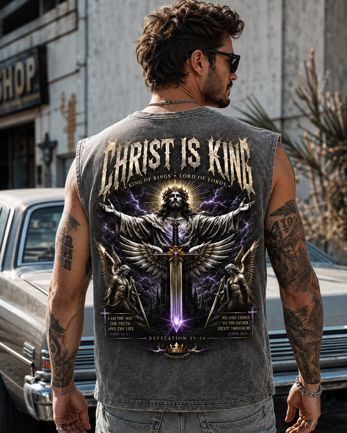 Christ Is King Washed Black Muscle Tee – Vintage Christian Graphic