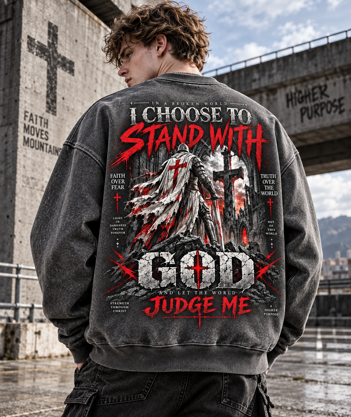 GOD Stand With Faith – Vintage Gothic Wash Sweatshirt