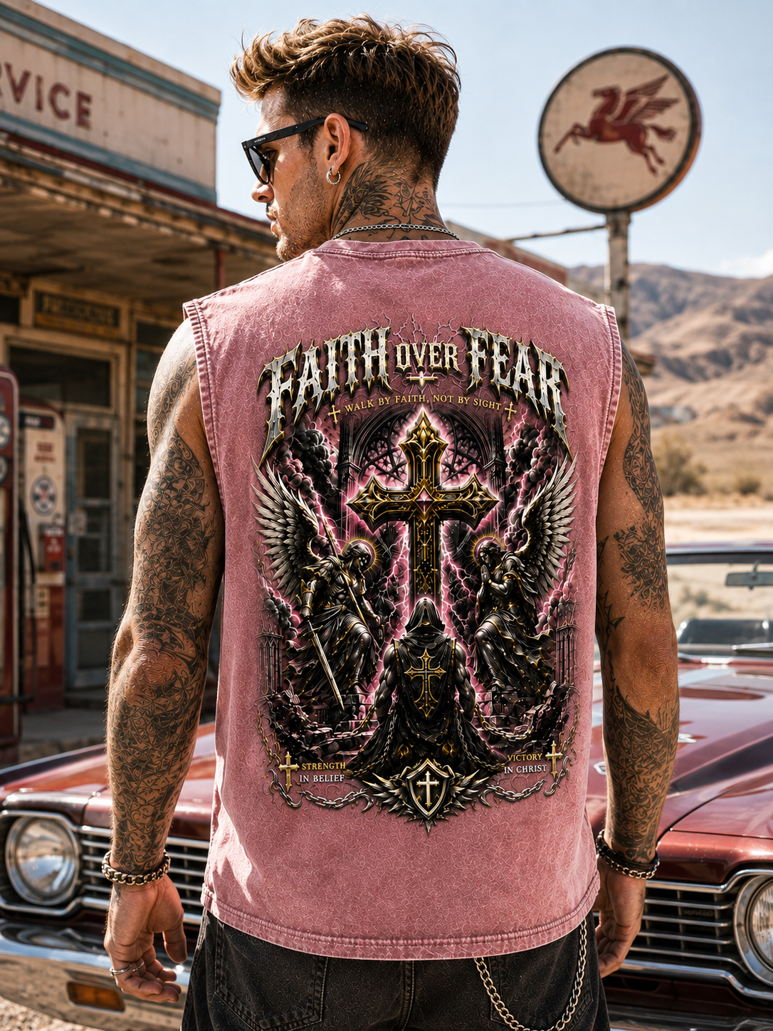Faith Over Fear – Vintage Washed Blue Biker Tank