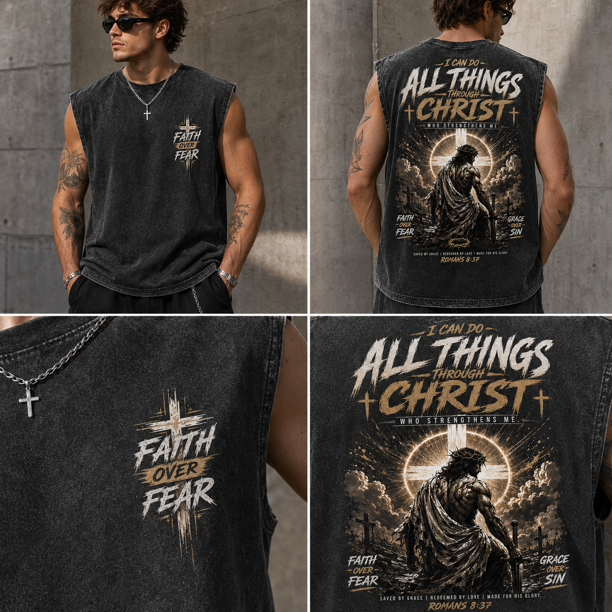 Faith Over Fear — Washed Black Christian Muscle Tee