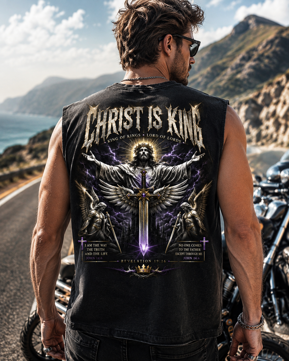 Christ Is King Washed Black Muscle Tee – Vintage Christian Graphic