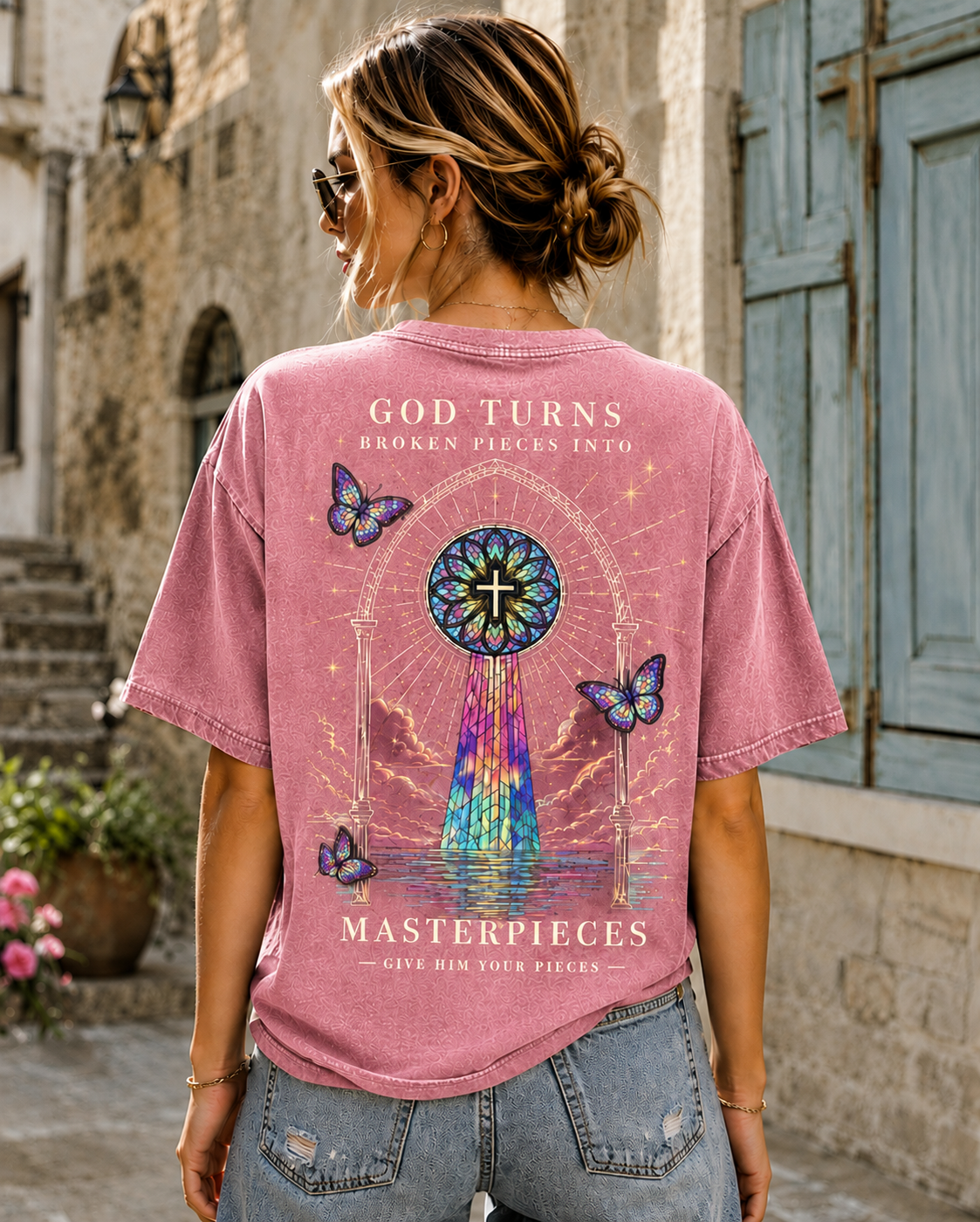 GOD TURNS Broken Pieces – Stained Glass Cross T-Shirt
