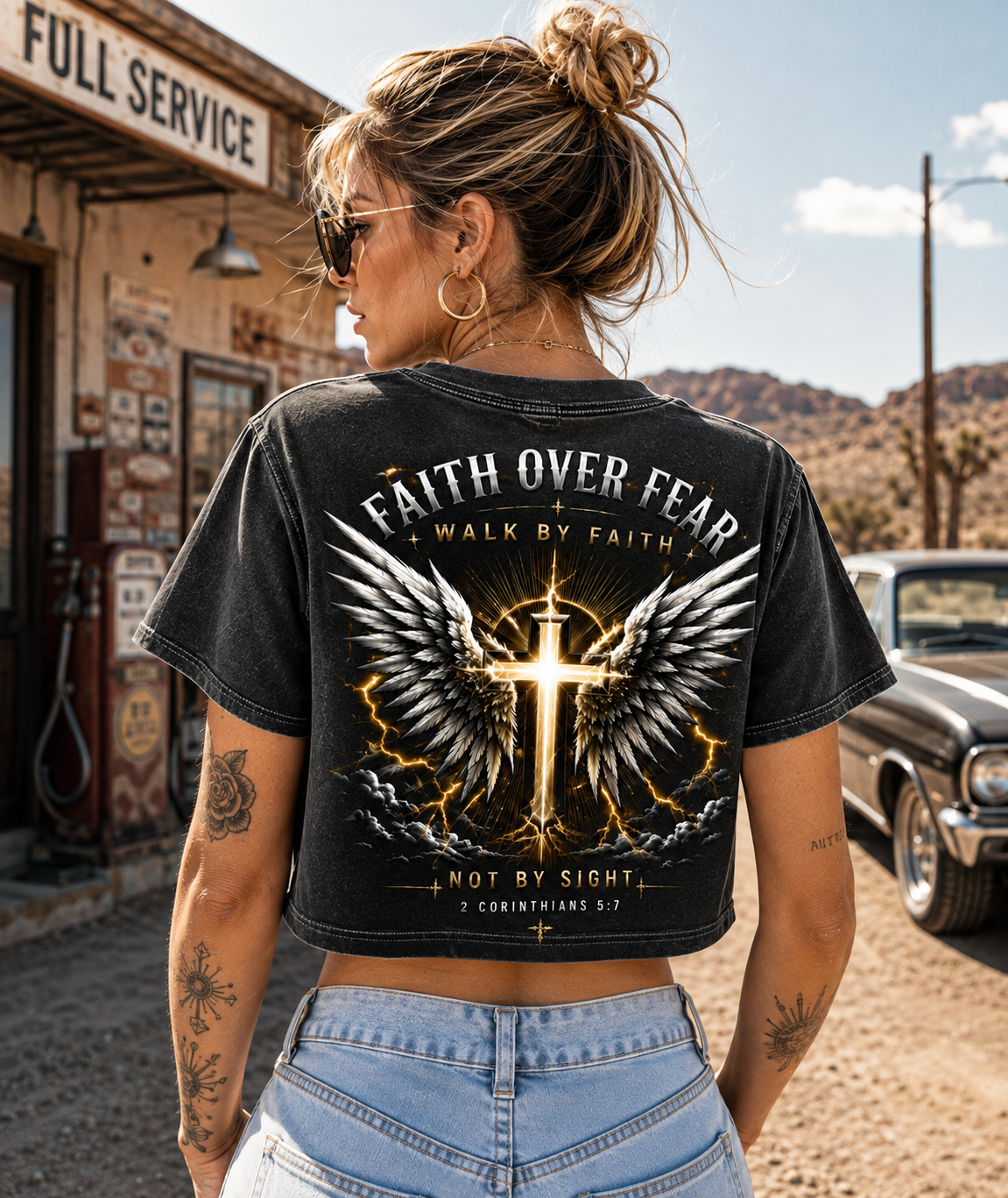 Faith Over Fear – Winged Cross Vintage Crop Tee