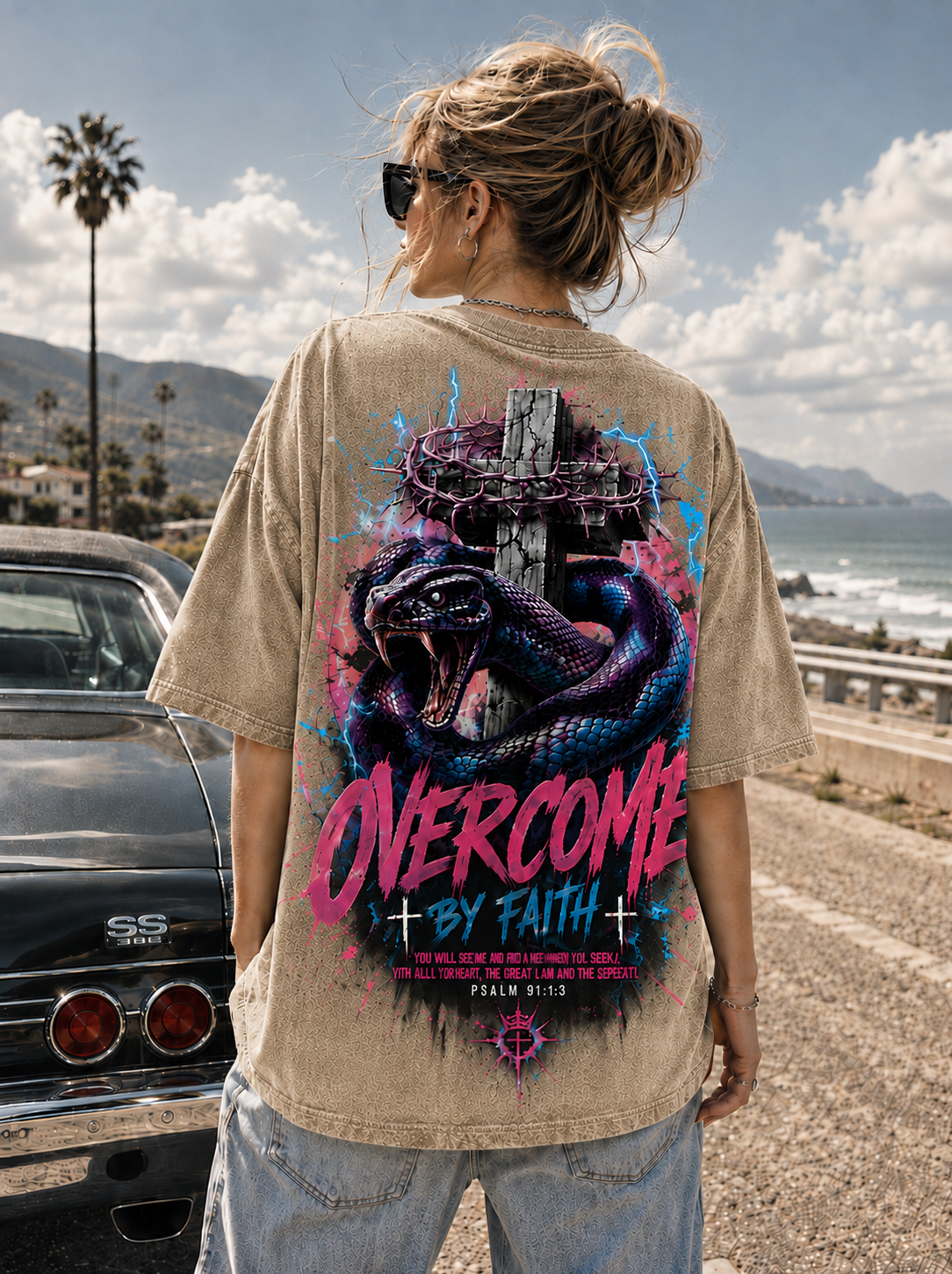 OVERCOME BY FAITH – Vintage Washed Black Christian Graphic Tee