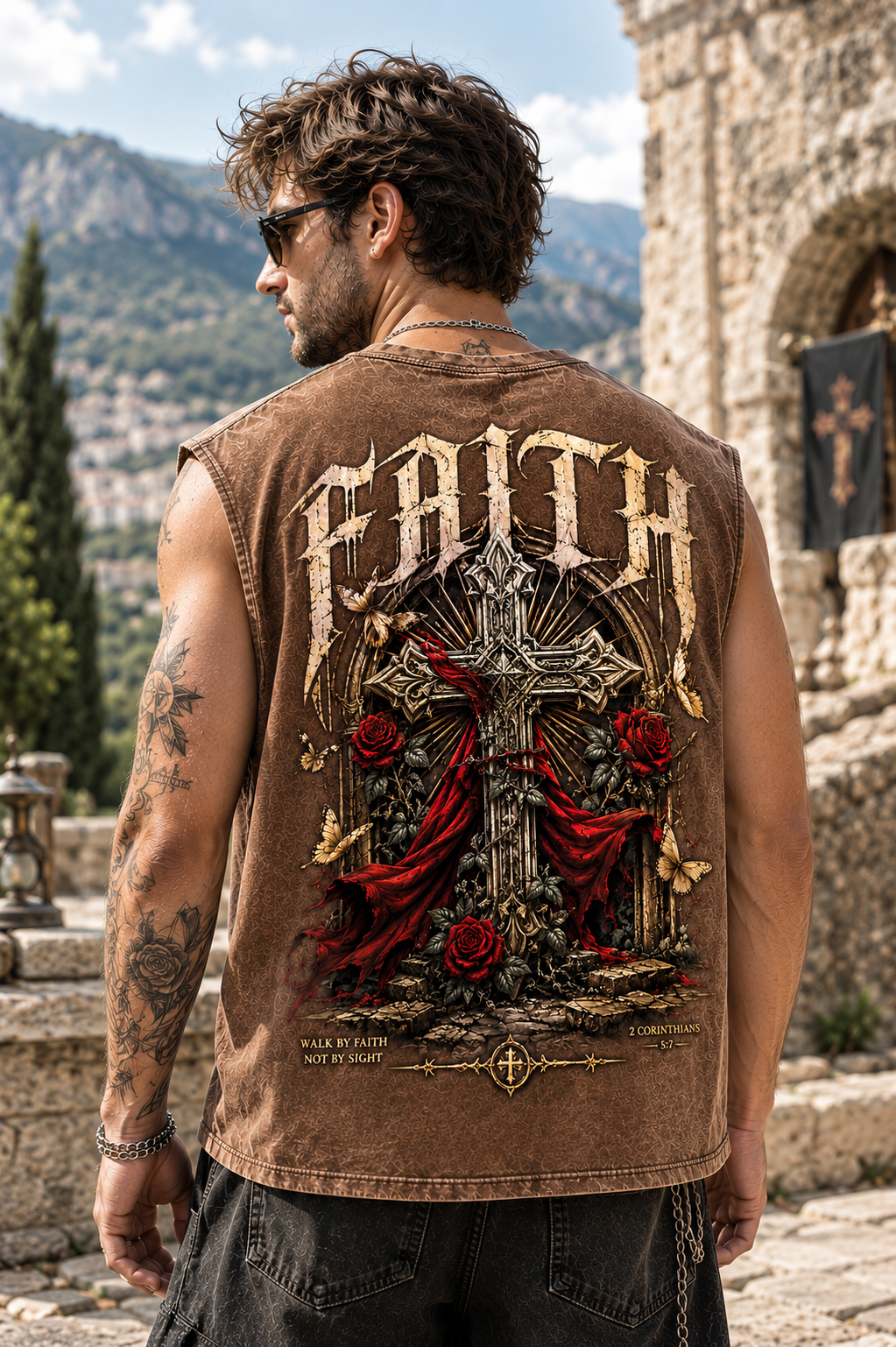Washed Black Faith Cross Muscle Tee – Vintage Gothic Streetwear