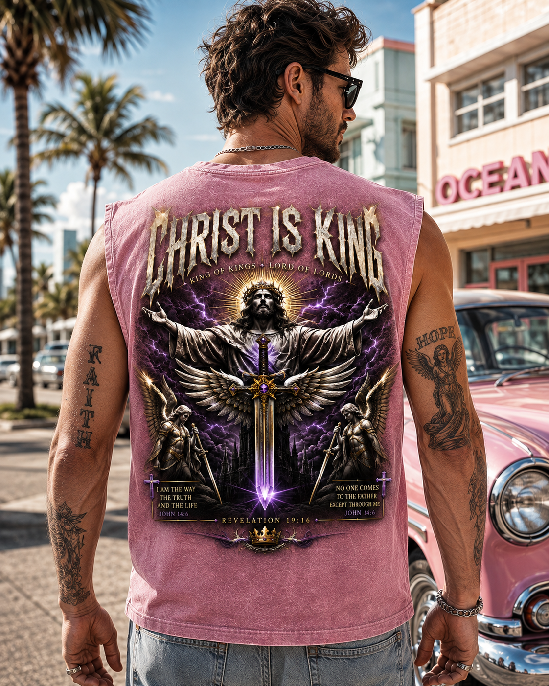 Christ Is King Washed Black Muscle Tee – Vintage Christian Graphic