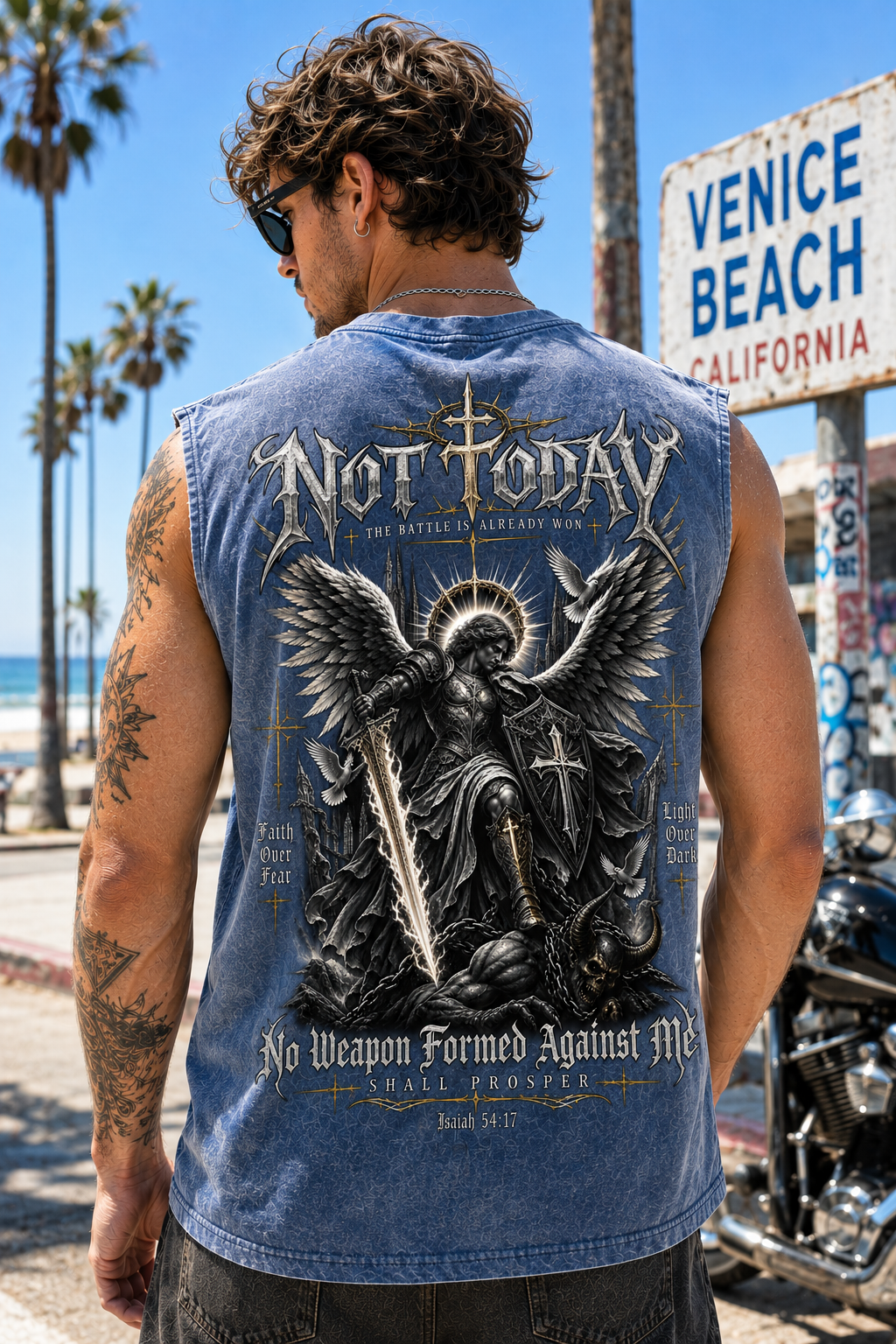 Not Today Washed Blue Muscle Tee – Gothic Faith Graphic