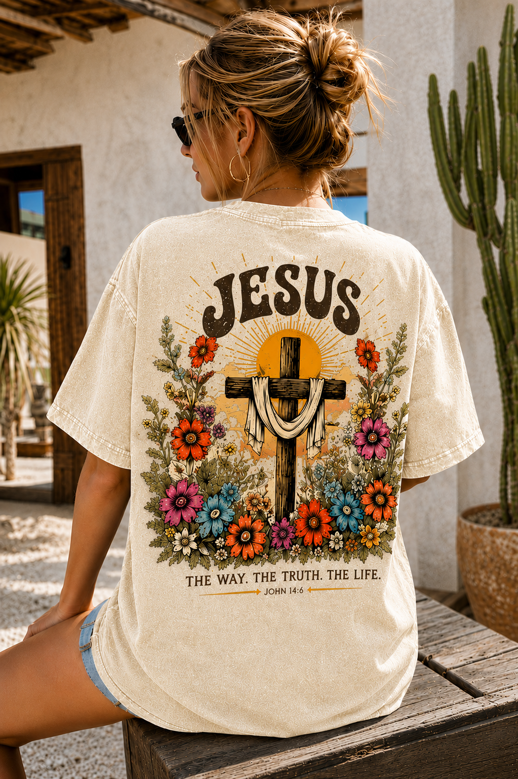 Jesus Cross Vintage Tee – Washed Black Floral Graphic