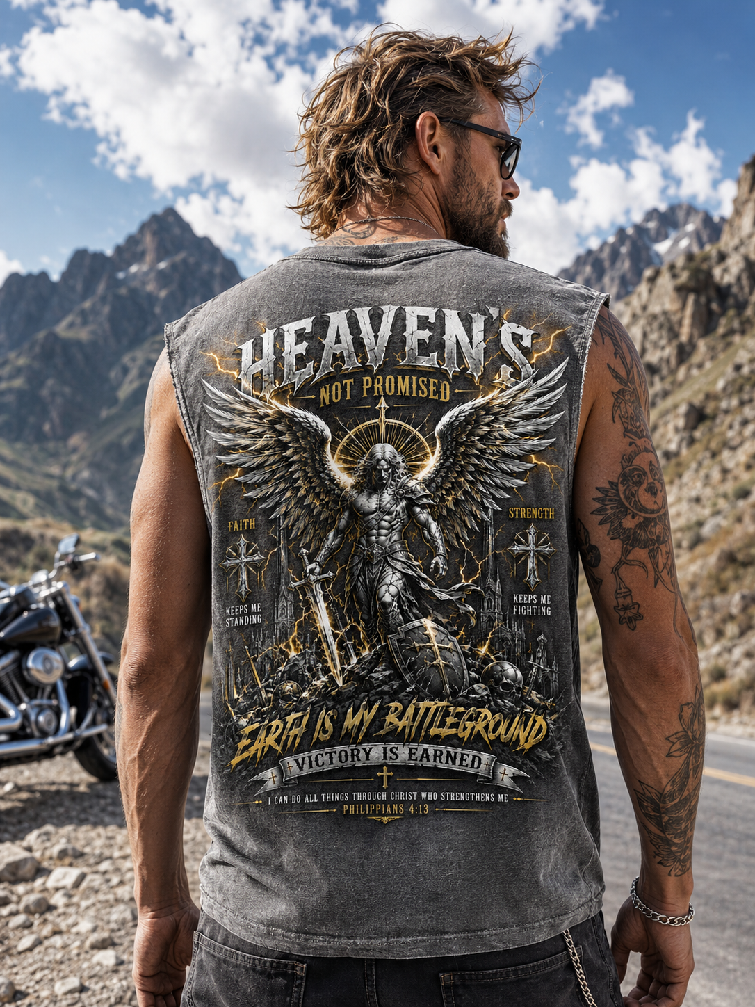 Heaven’s Not Promised – Vintage Washed Black Graphic Muscle Tee