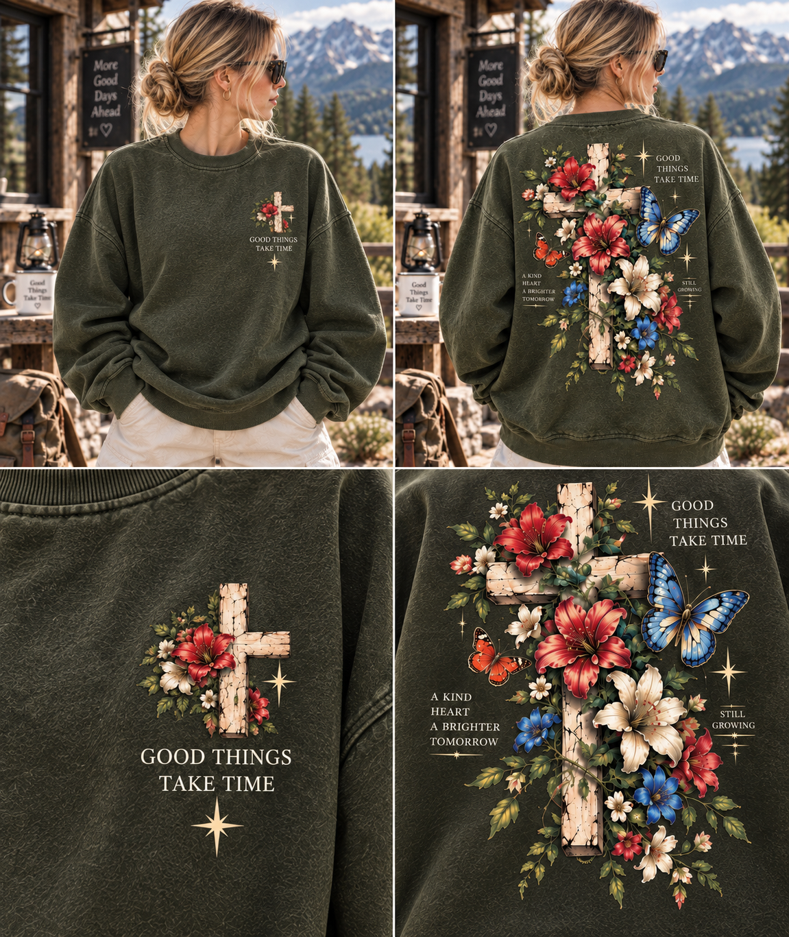 Vintage Floral Cross Sweatshirt – Good Things Take Time