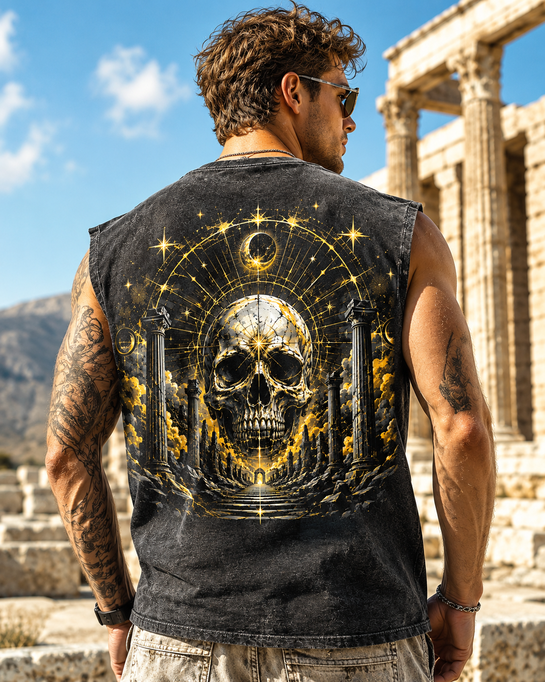 Celestial Skull Washed Black Tank Top