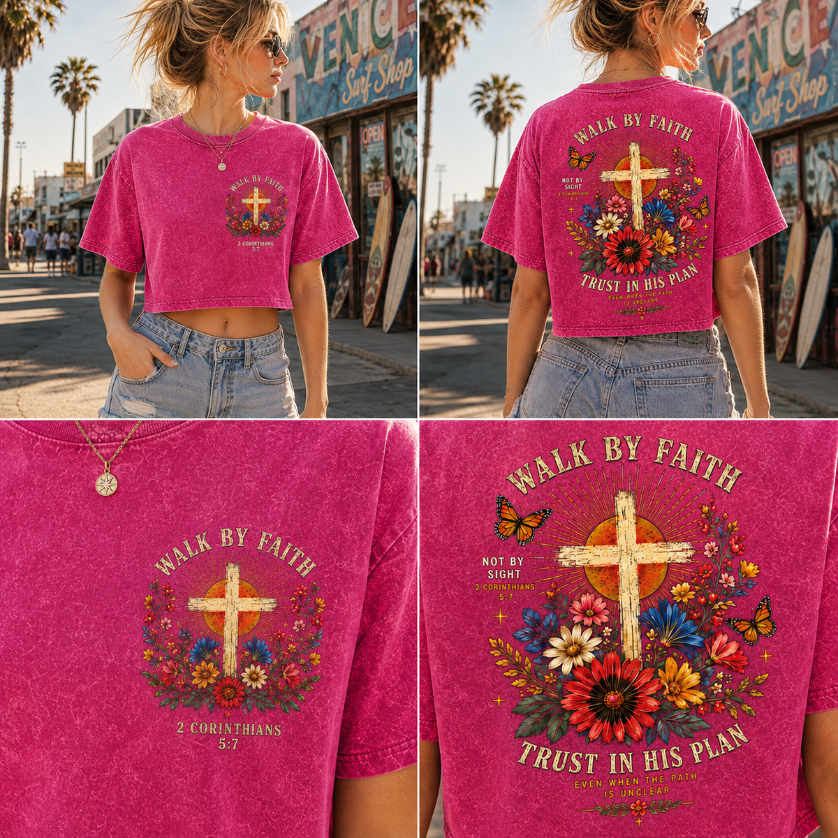 Walk By Faith – Vintage Floral Cross Crop Tee