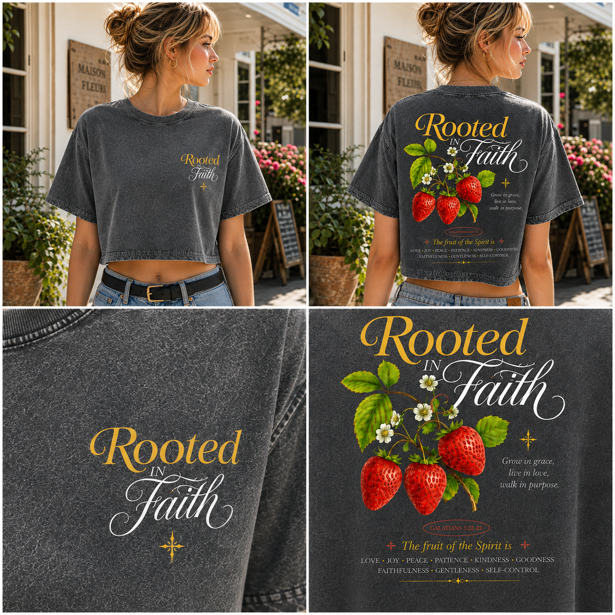 Rooted in Faith Strawberry Crop Top – Vintage Christian Tee