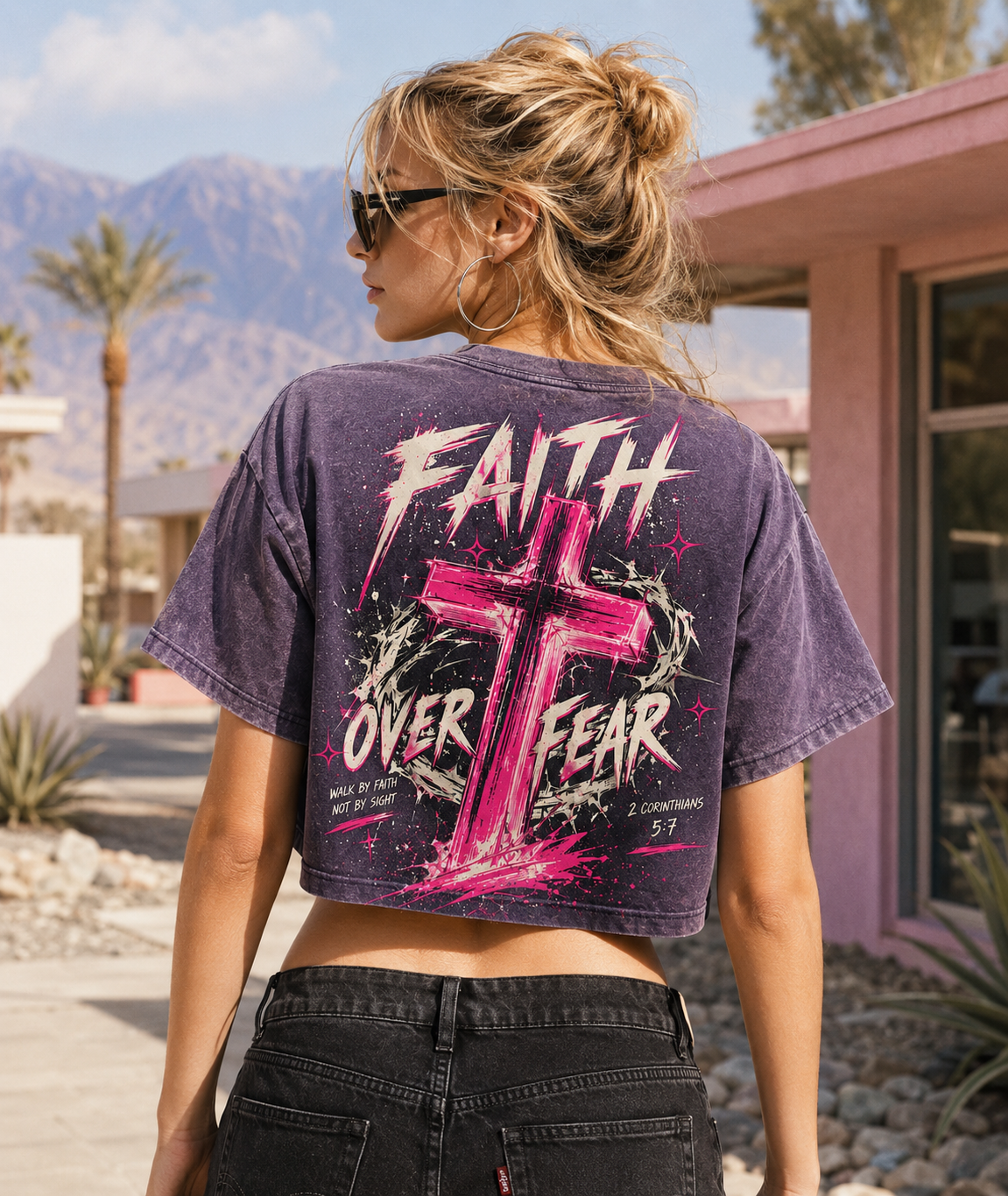 Faith Over Fear Cross Crop Top – Vintage Wash Graphic Tee