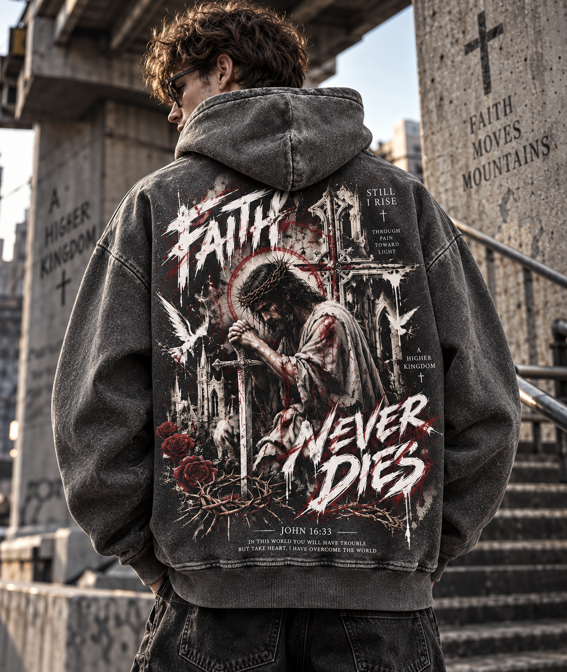 Faith Never Dies – Gothic Cross Washed Hoodie