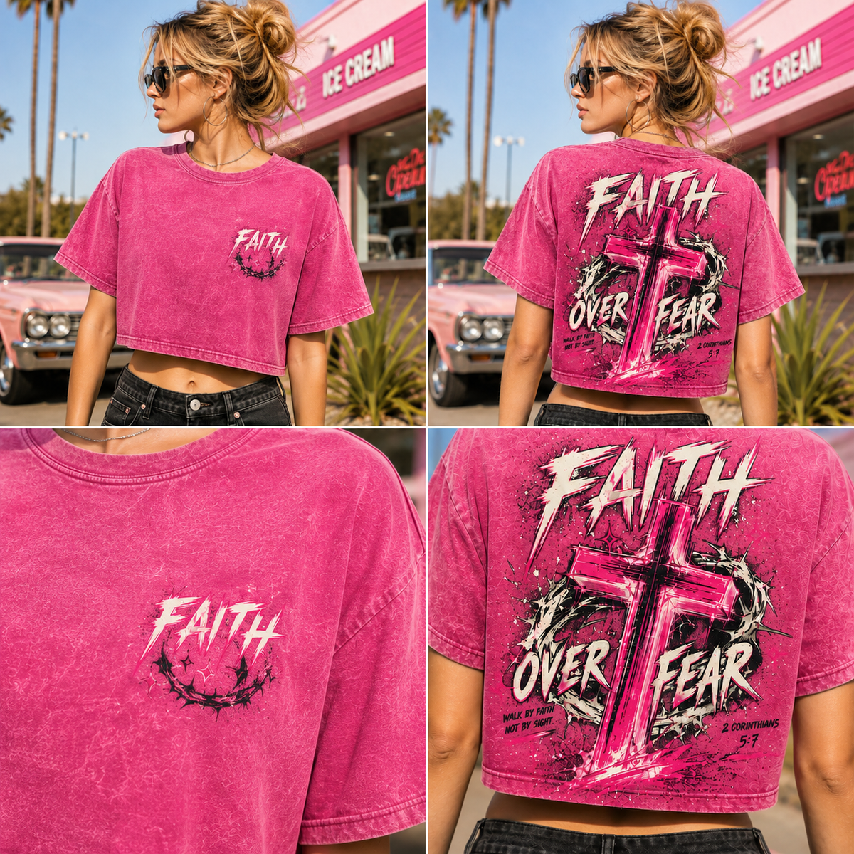 Faith Over Fear Cross Crop Top – Vintage Wash Graphic Tee