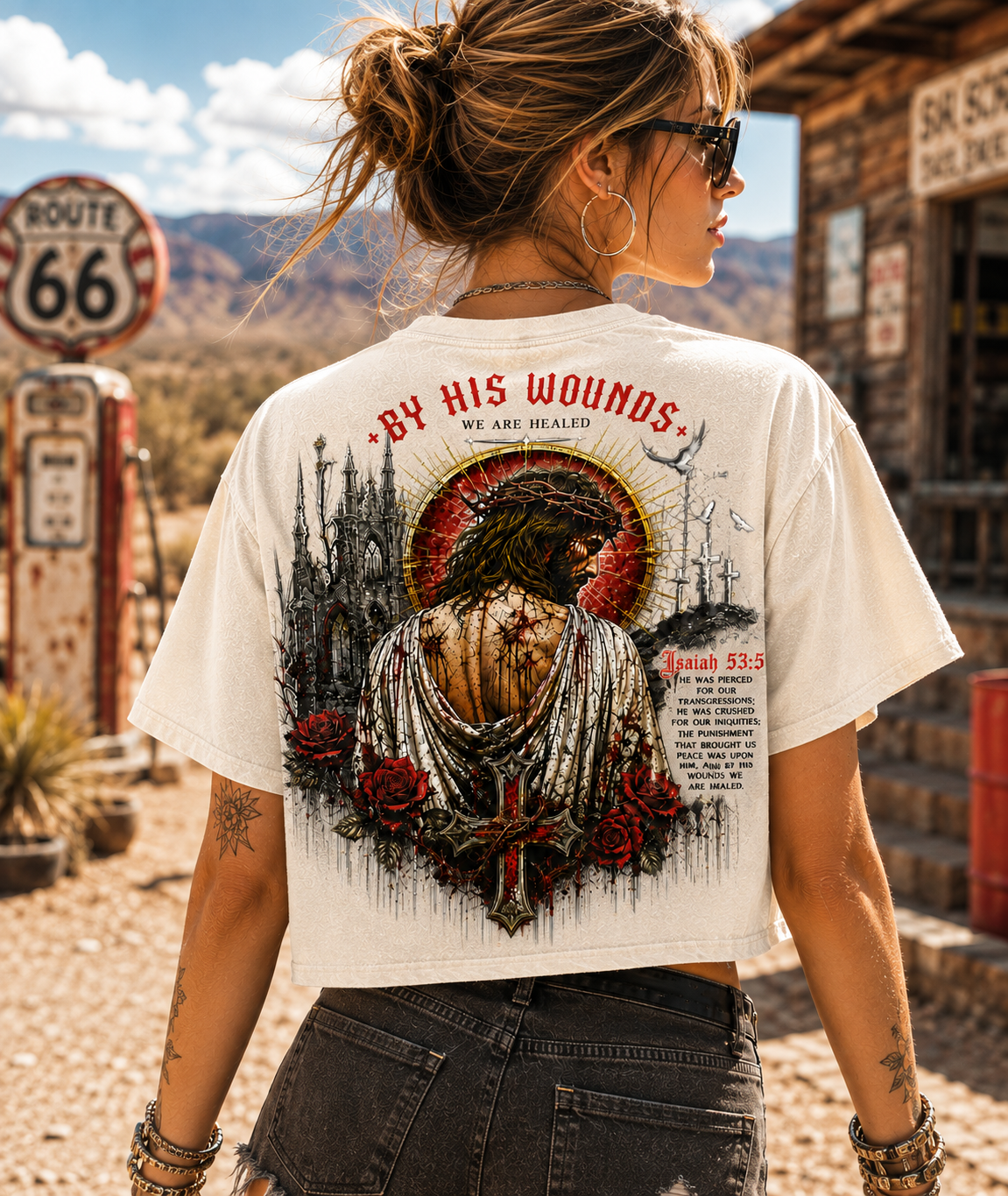 By His Wounds Gothic Cross Crop Tee – Vintage Christian Style