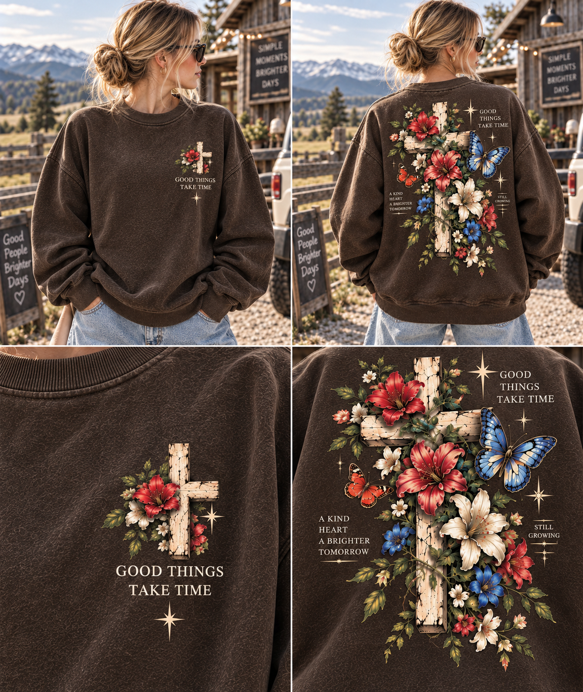 Vintage Floral Cross Sweatshirt – Good Things Take Time