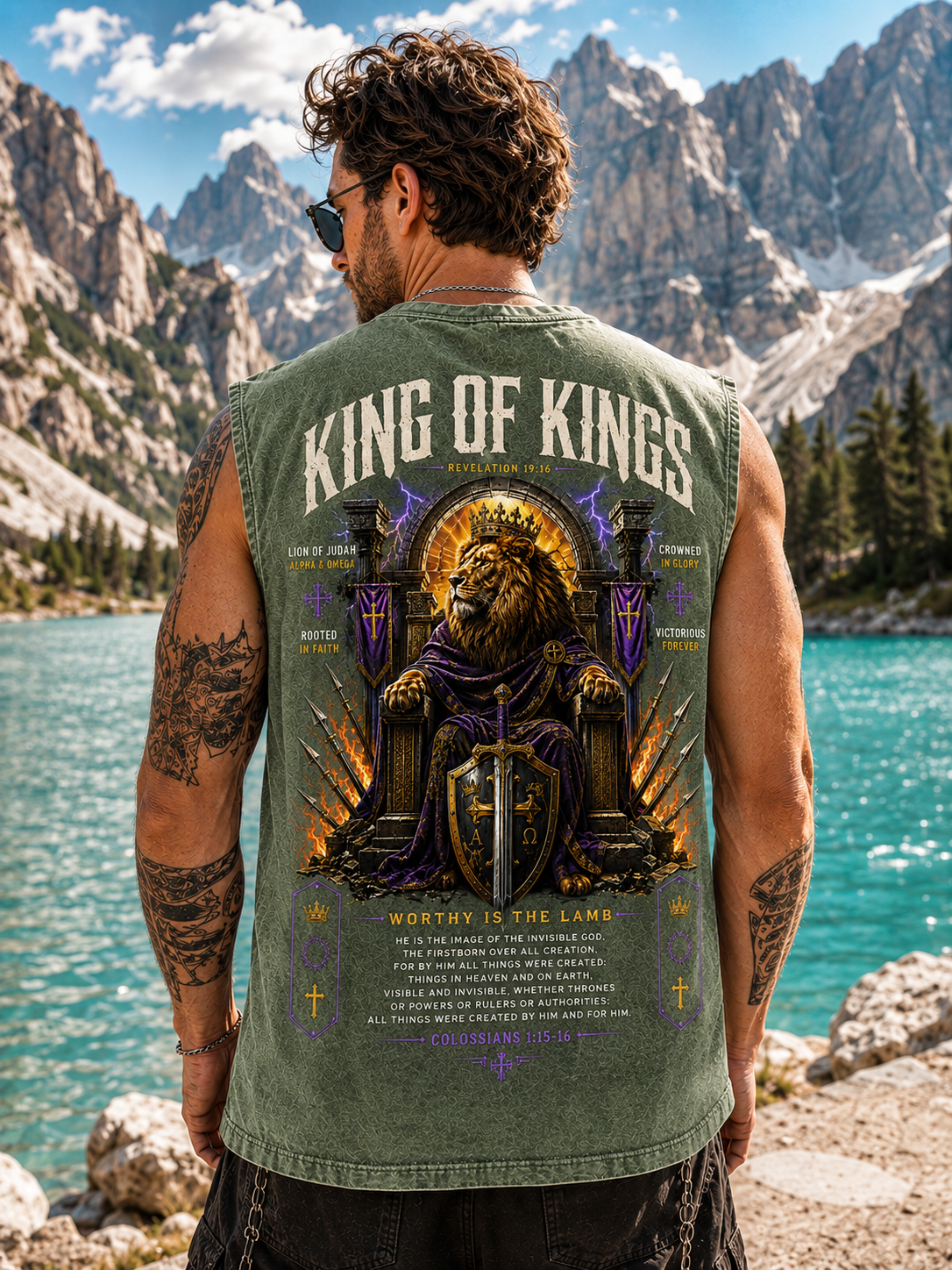 King of Kings Washed Tee – Vintage Christian Lion