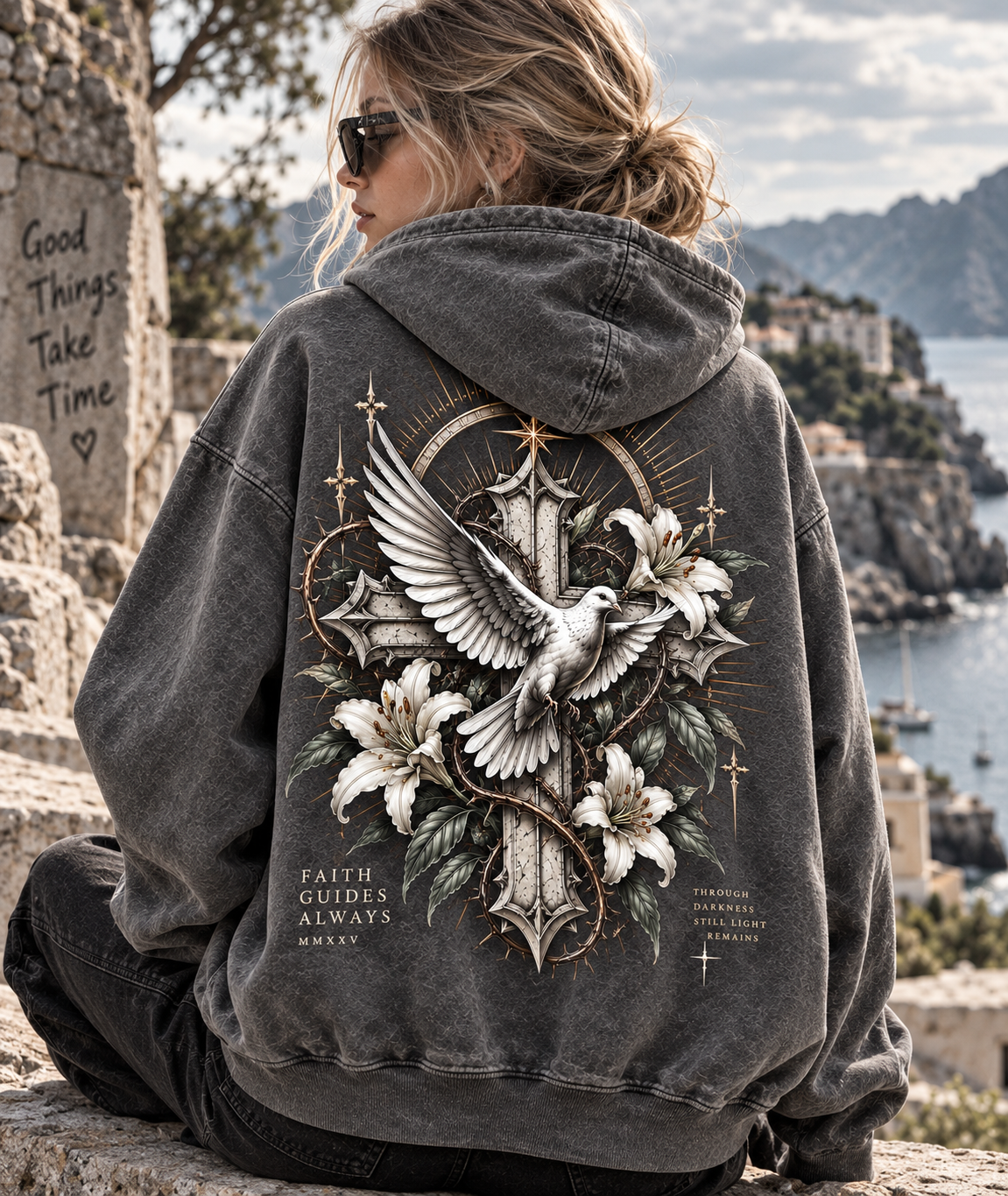 Faith Guides Always Hoodie – Vintage Cross & Dove