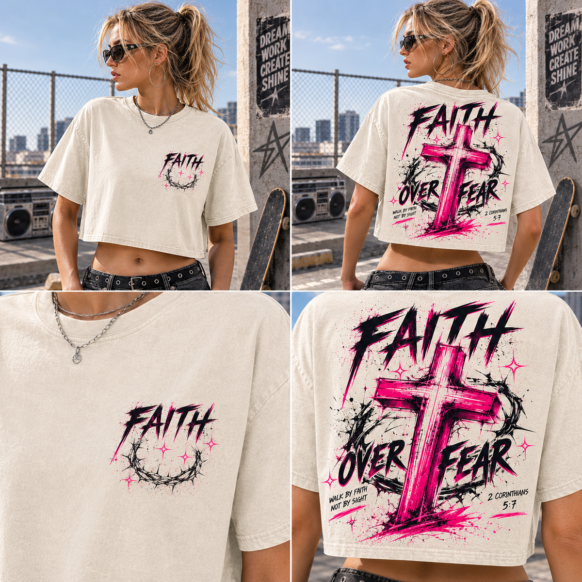 Faith Over Fear Cross Crop Top – Vintage Wash Graphic Tee