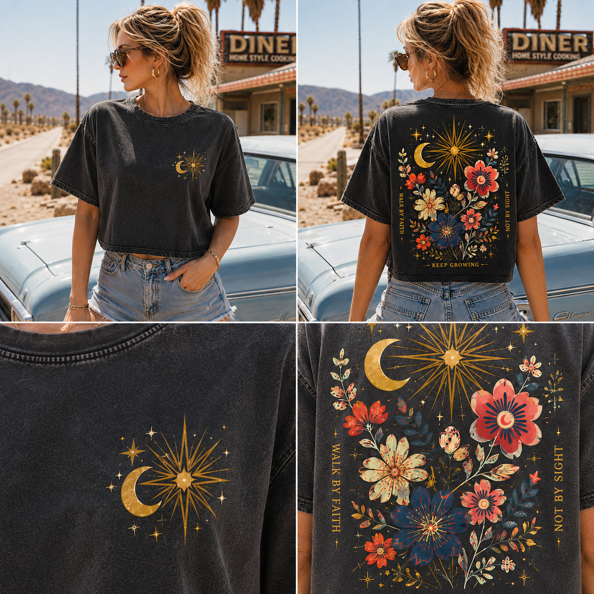 Celestial Bloom Crop Top – Vintage Floral Graphic Tee