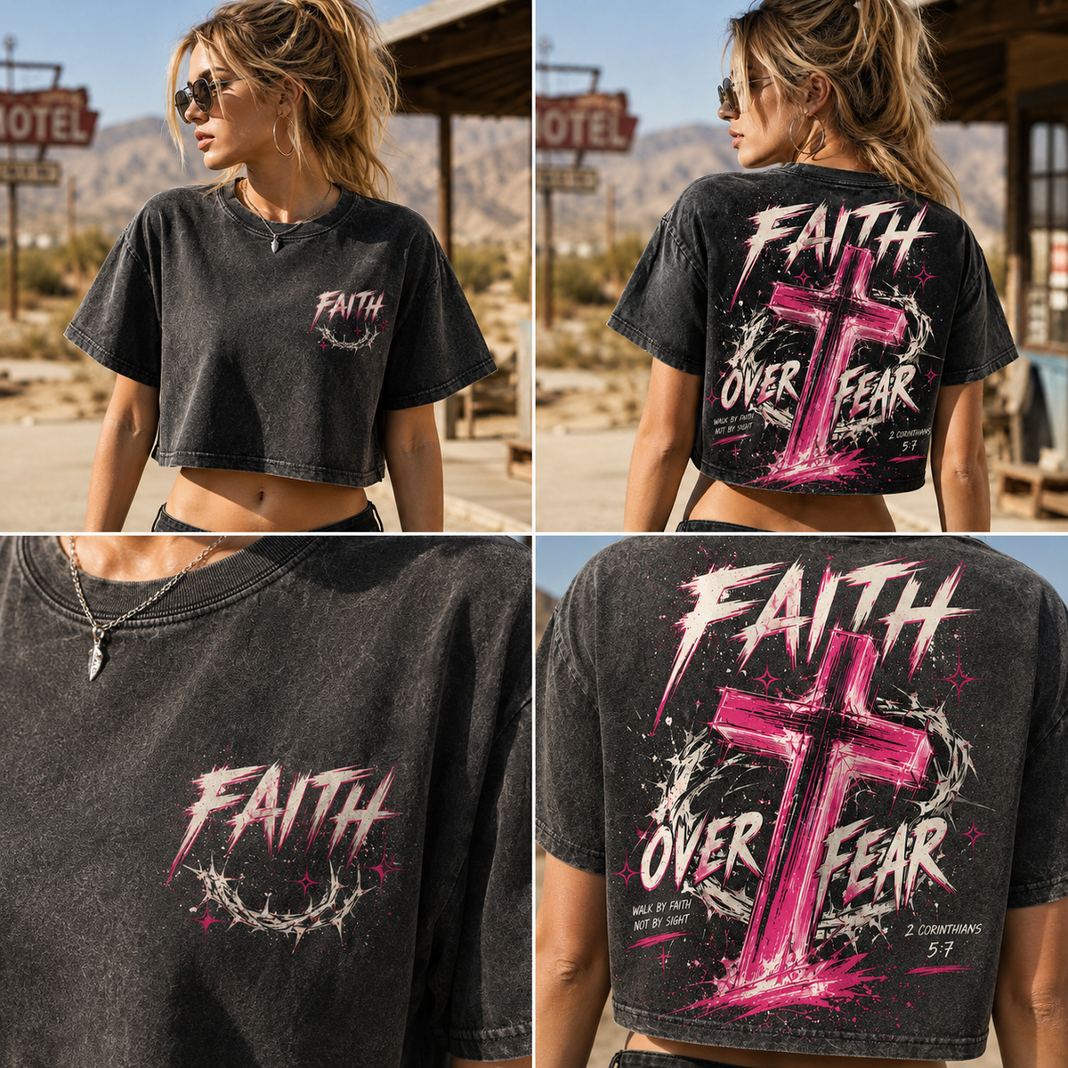 Faith Over Fear Cross Crop Top – Vintage Wash Graphic Tee