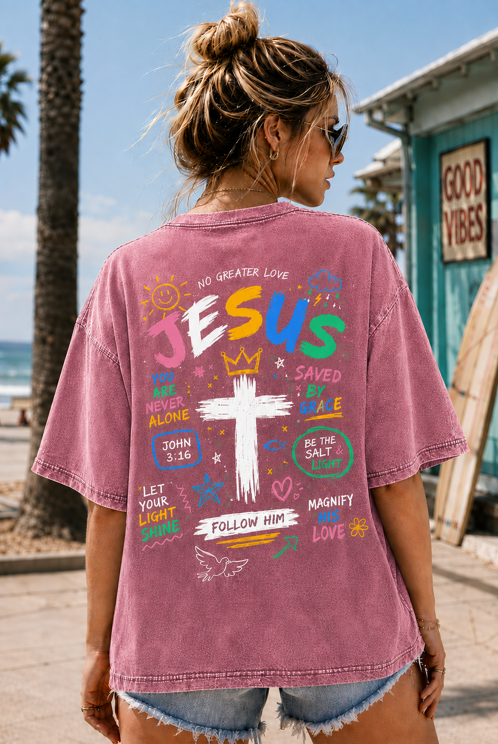 Jesus Loves You Vintage Washed Tee – Christian Graphic Oversized T-Shirt