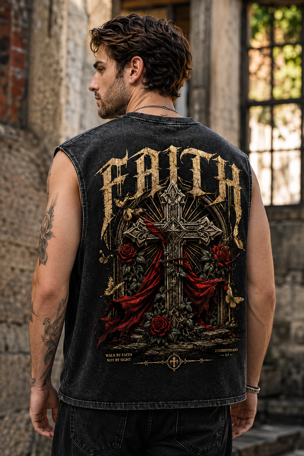 Washed Black Faith Cross Muscle Tee – Vintage Gothic Streetwear