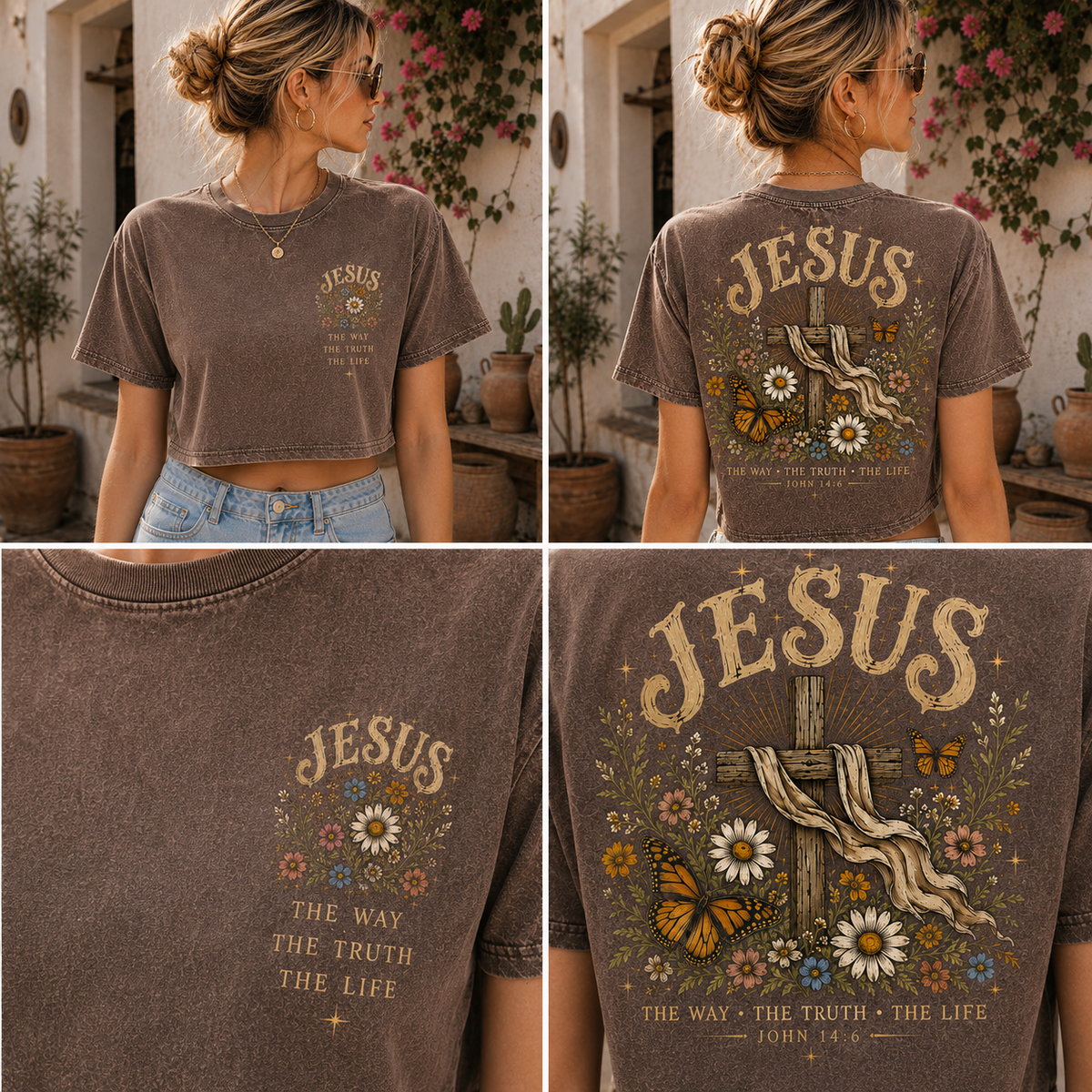 Vintage Jesus Cross Crop Top – Faith Graphic Tee