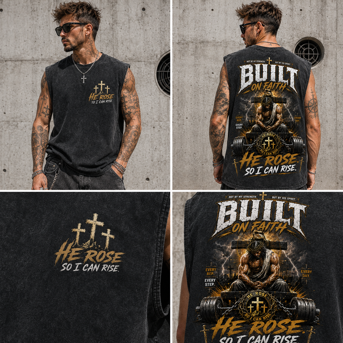 Built on Faith – He Rose Graphic Wash Tank