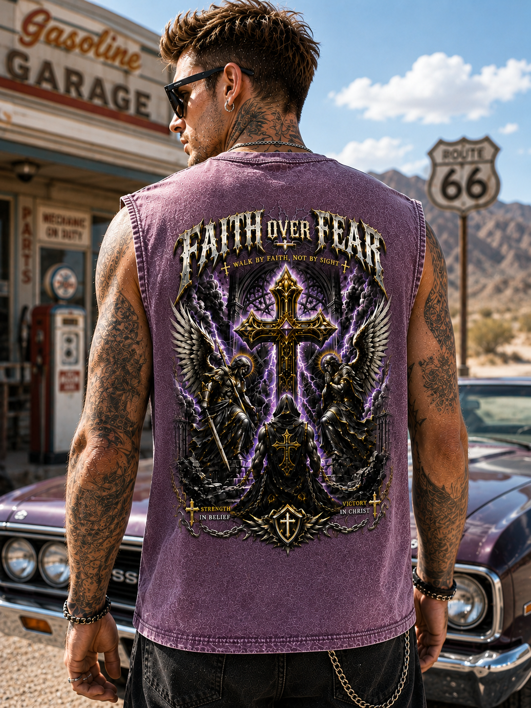 Faith Over Fear – Vintage Washed Blue Biker Tank