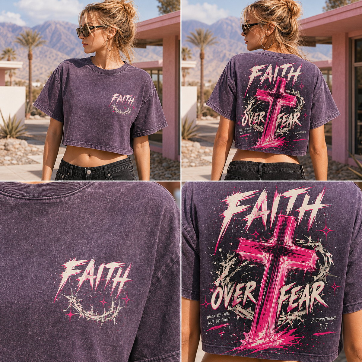 Faith Over Fear Cross Crop Top – Vintage Wash Graphic Tee