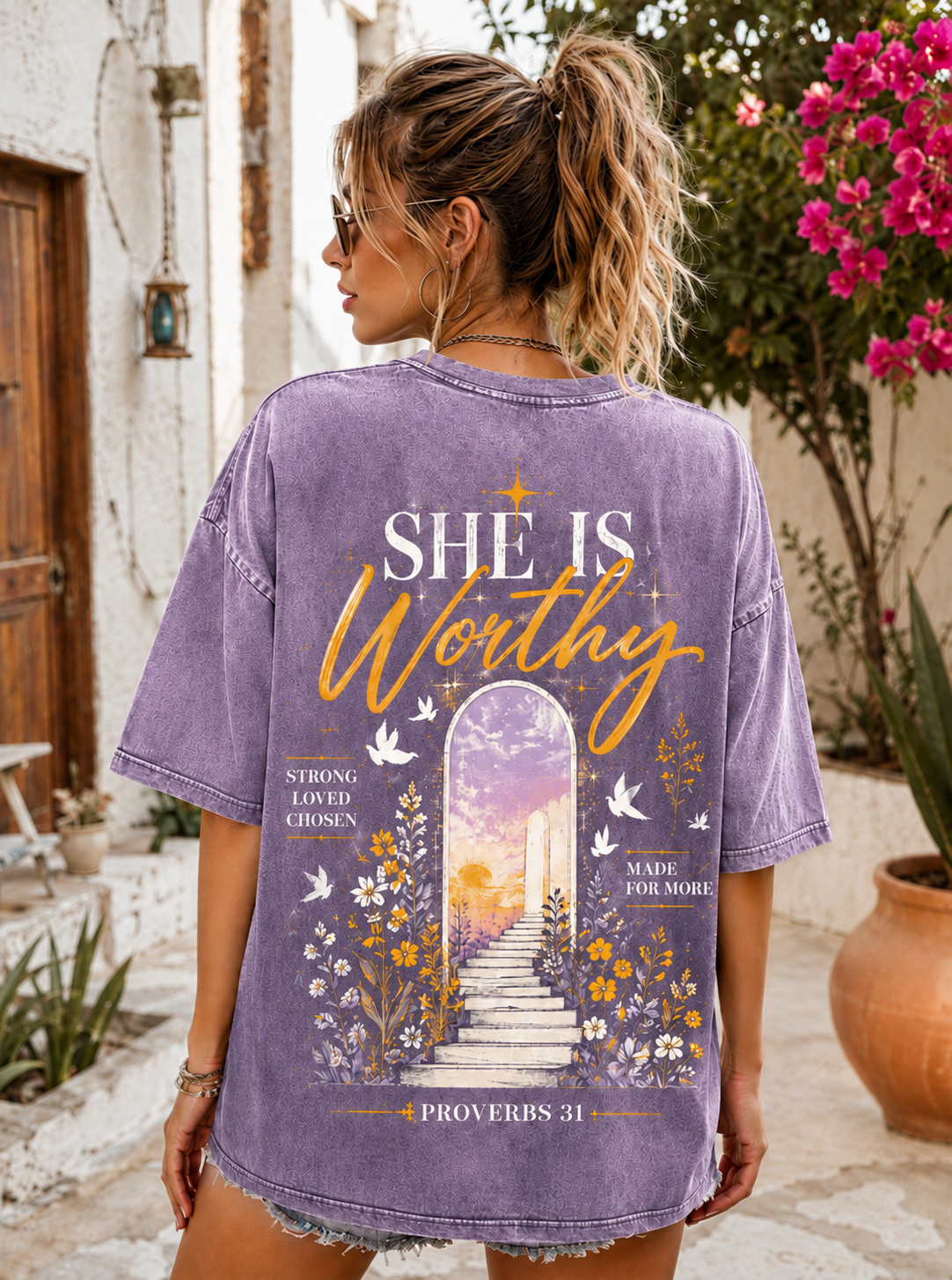 She Is Worthy Vintage Faith T-Shirt – Washed Black