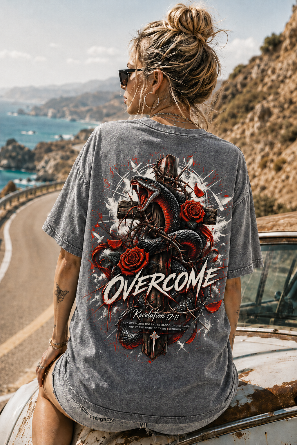 OVERCOME Snake Cross Graphic Tee – Vintage Washed T-Shirt