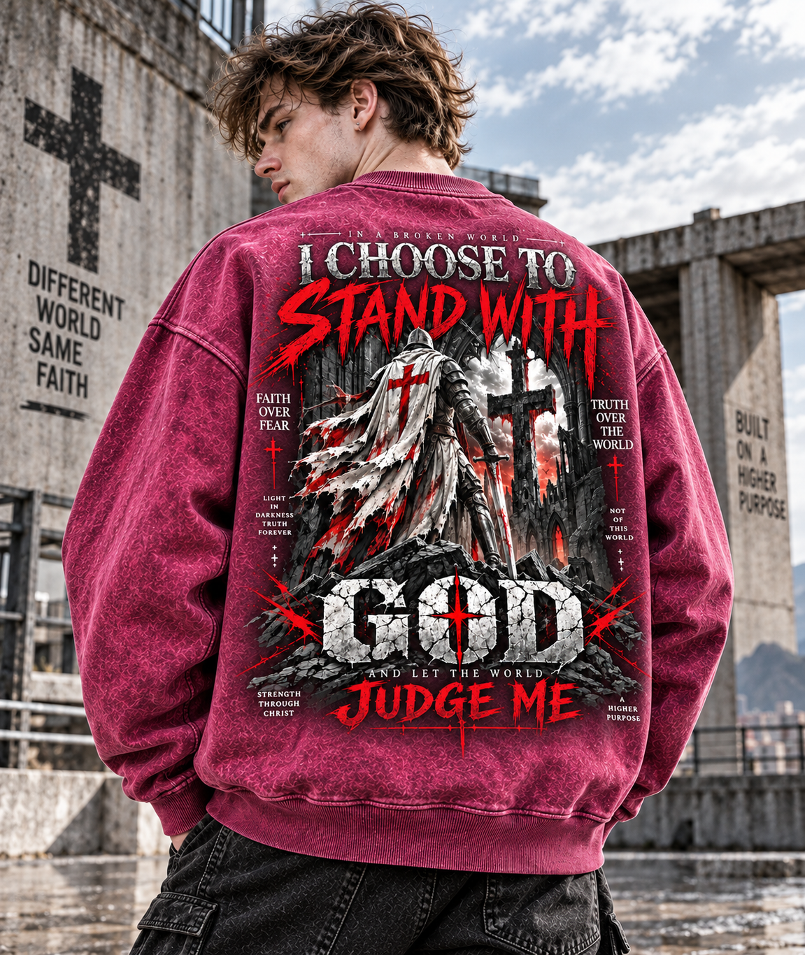 GOD Stand With Faith – Vintage Gothic Wash Sweatshirt