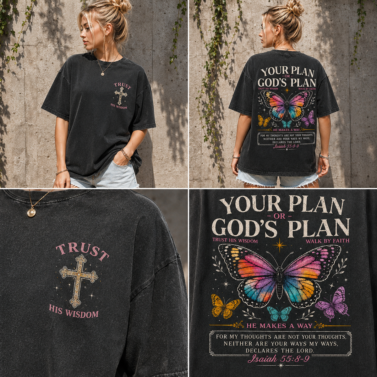 God’s Plan Butterfly Faith Washed Black Tee