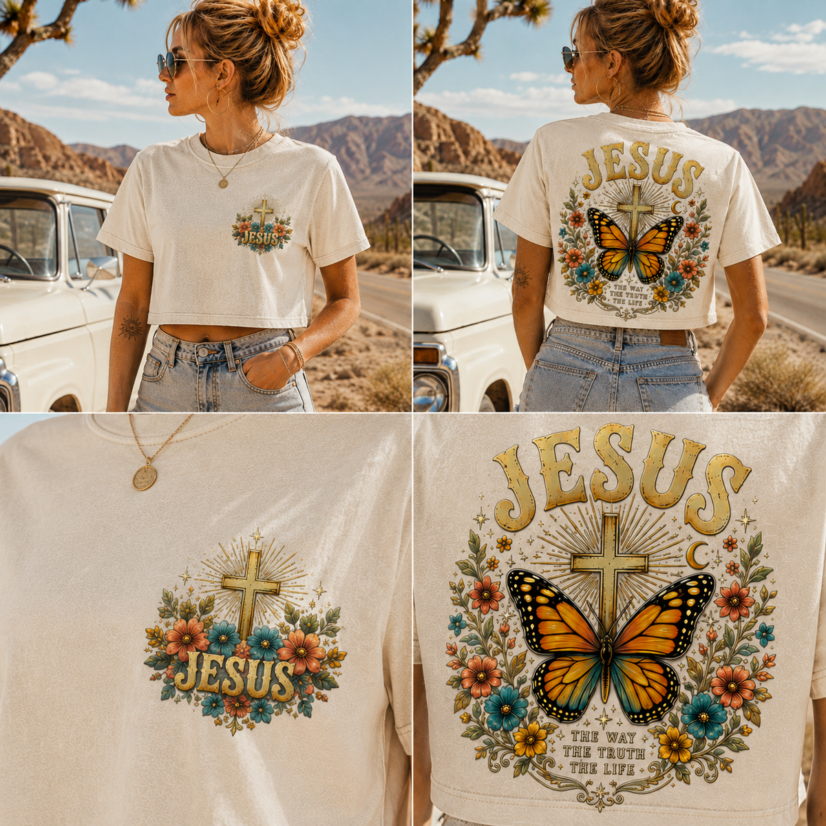 JESUS Butterfly Vintage Crop Top – Washed Black