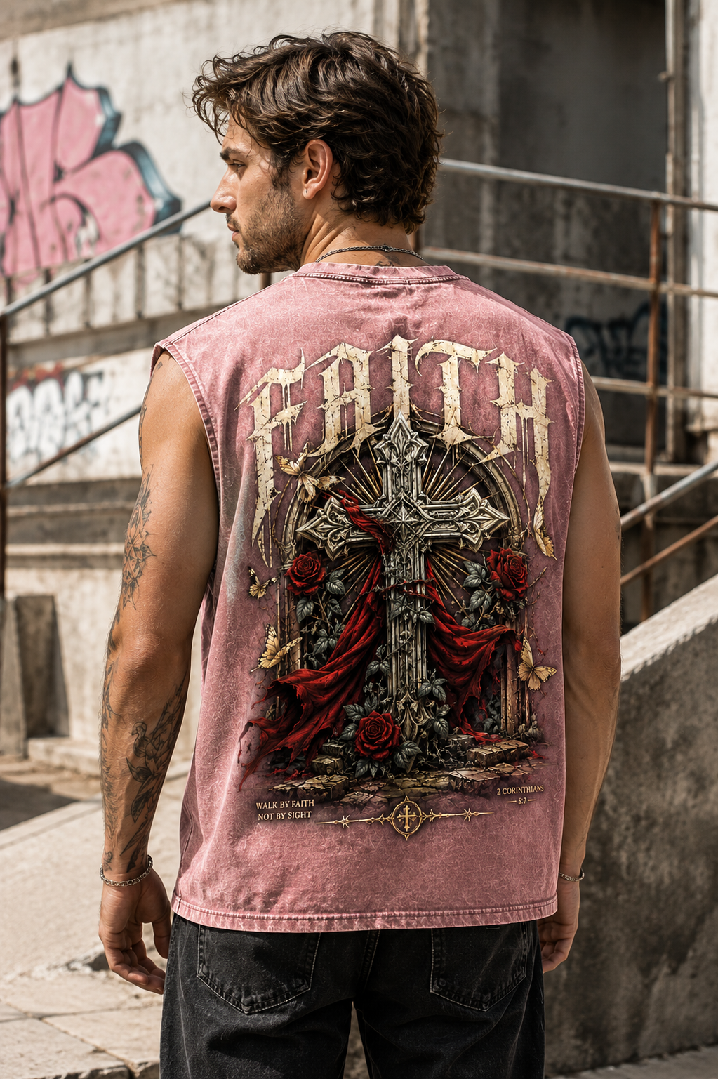 Washed Black Faith Cross Muscle Tee – Vintage Gothic Streetwear