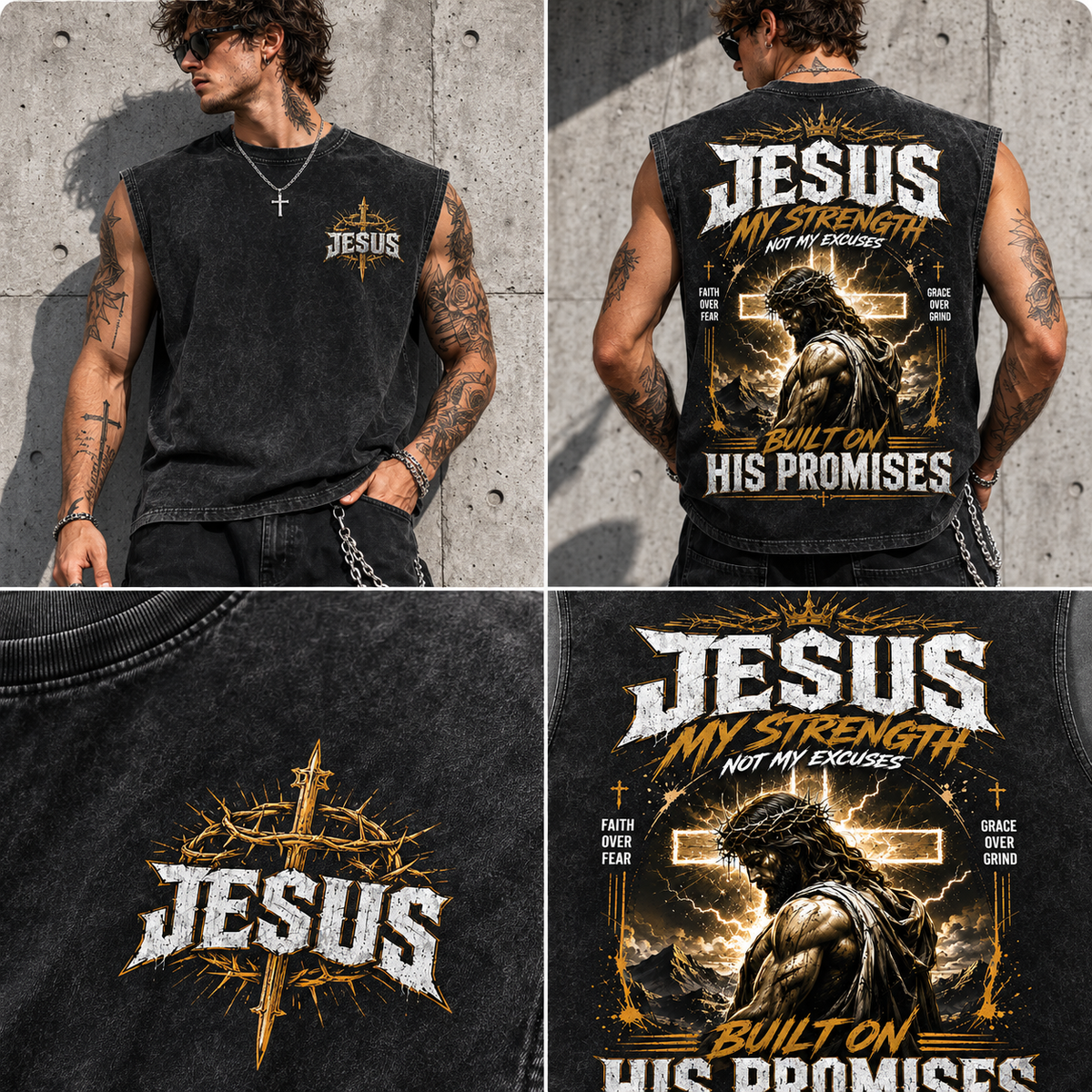 Jesus My Strength – Vintage Washed Black Muscle Tee