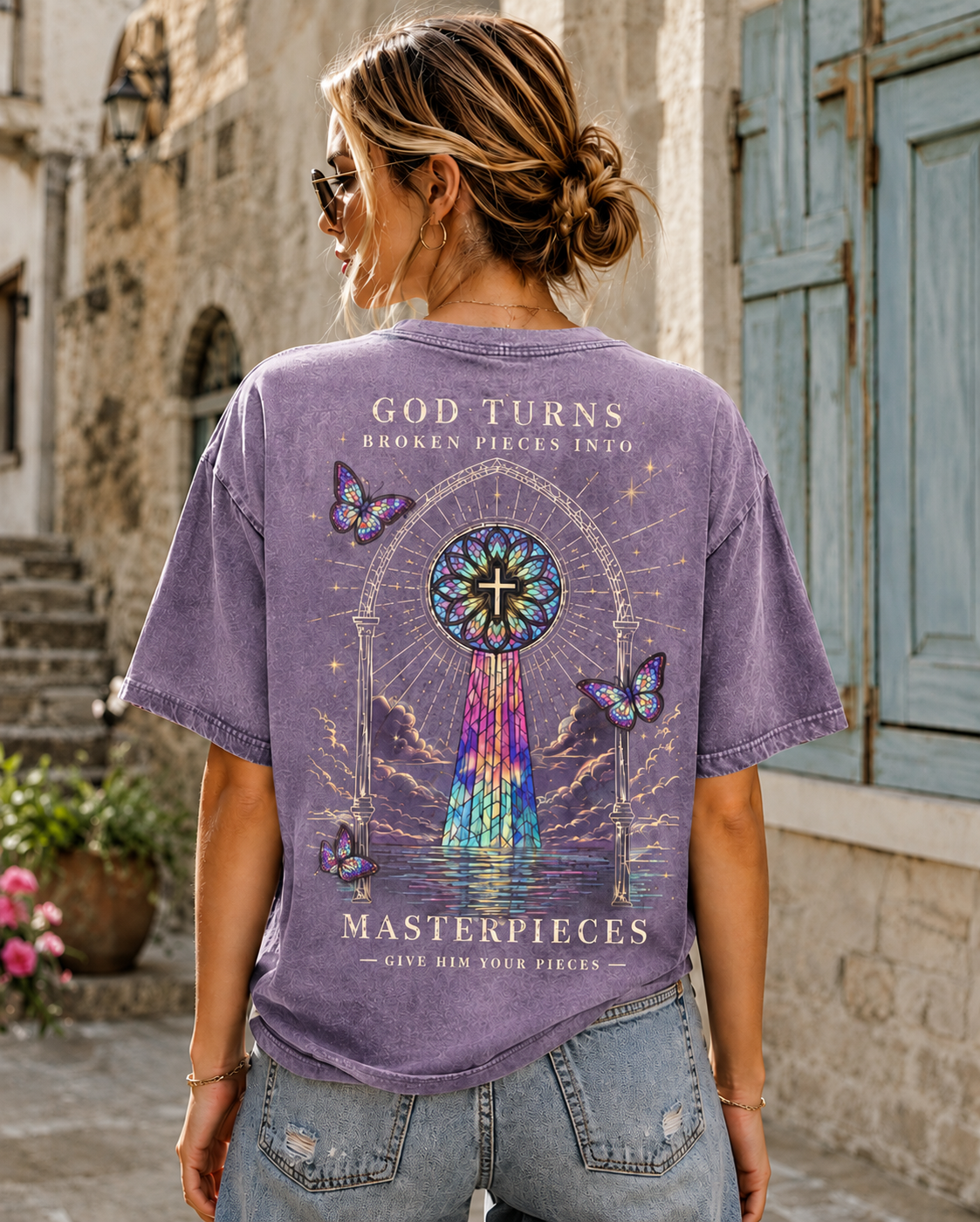 GOD TURNS Broken Pieces – Stained Glass Cross T-Shirt