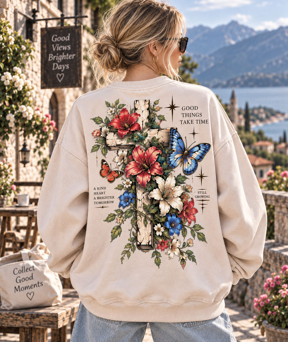 Vintage Floral Cross Sweatshirt – Good Things Take Time