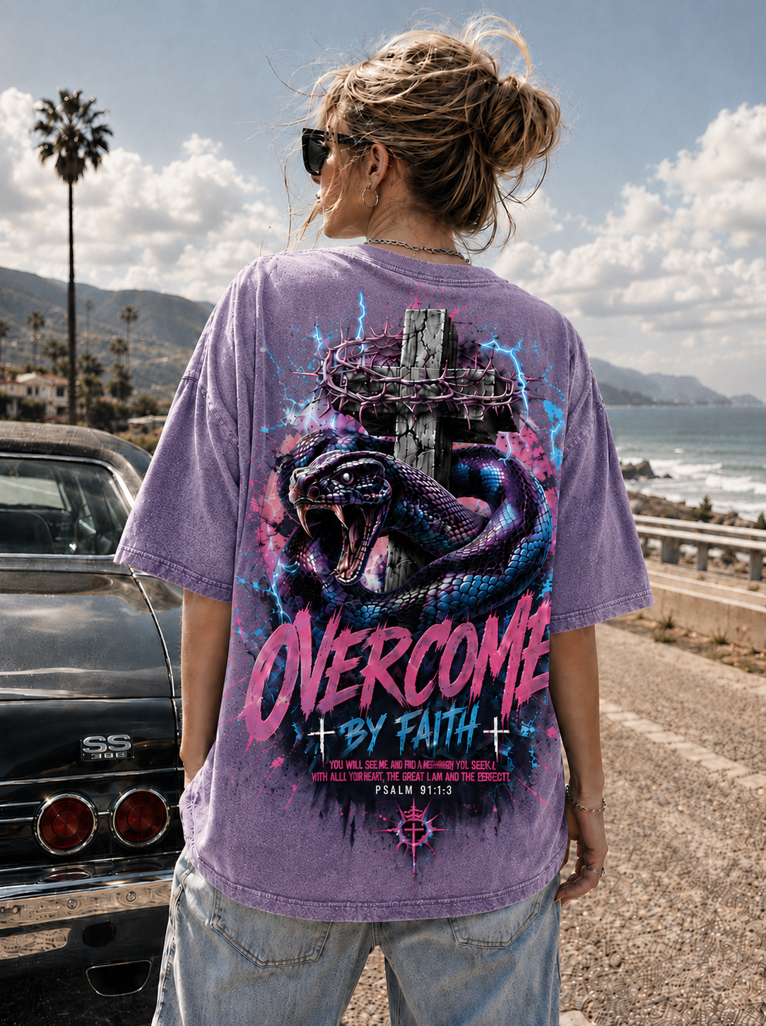 OVERCOME BY FAITH – Vintage Washed Black Christian Graphic Tee
