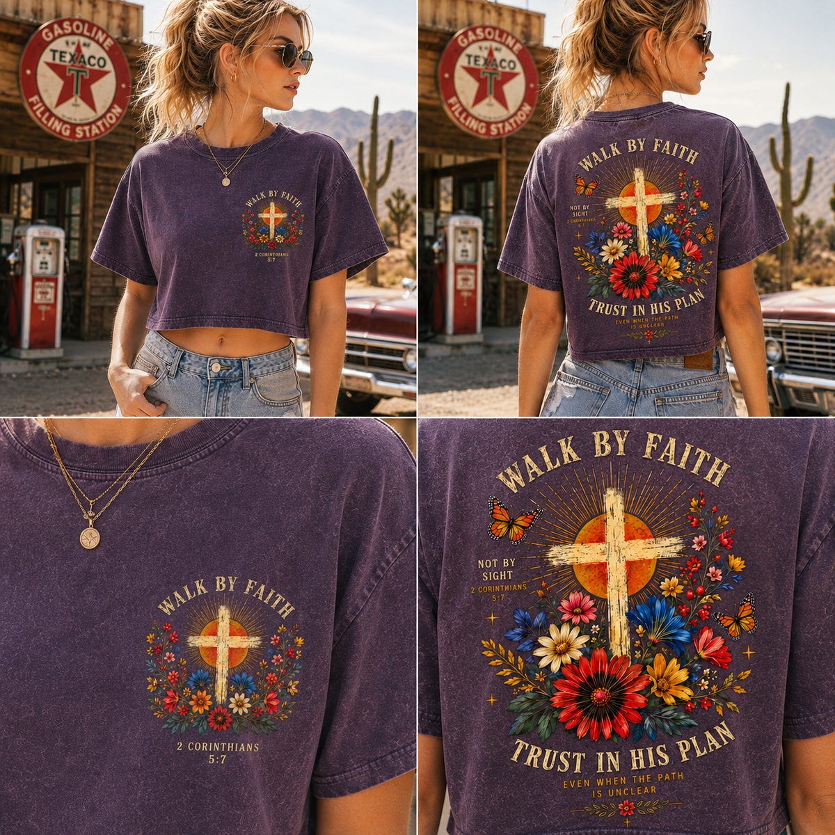 Walk By Faith – Vintage Floral Cross Crop Tee